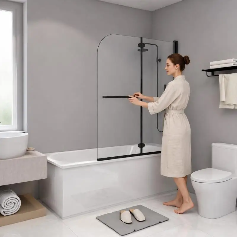 Paroi de douche pliable à deux panneaux en verre trempé de sécurité, cadre noir anti-éclaboussures pour séparer les zones sèche et humide, dimensions 120x140 cm