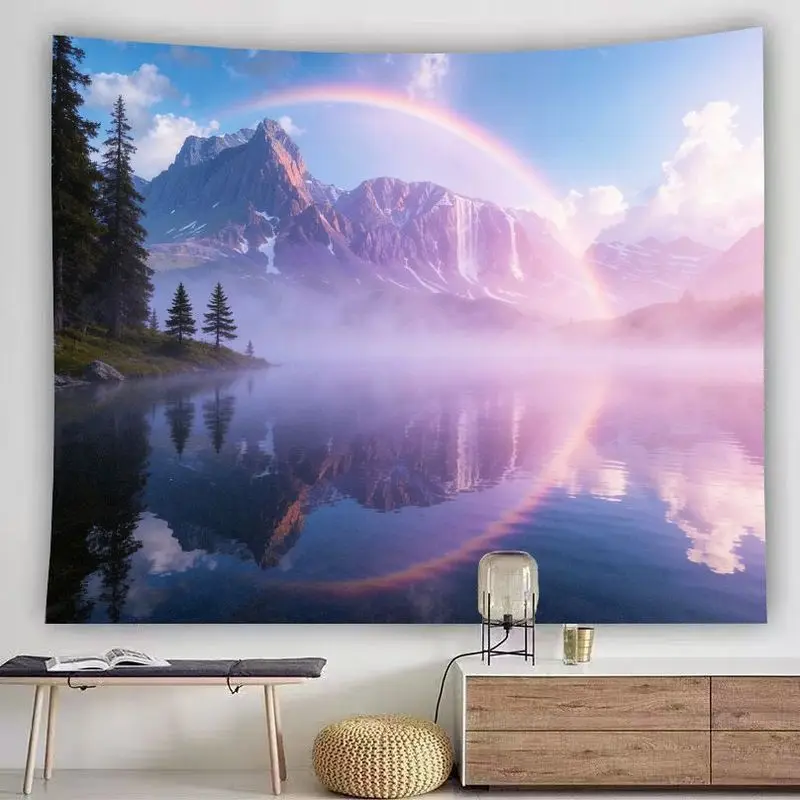 VIKAMA Nature Landscape Tapestry, Misty Mountain Lake with Rainbow Decor