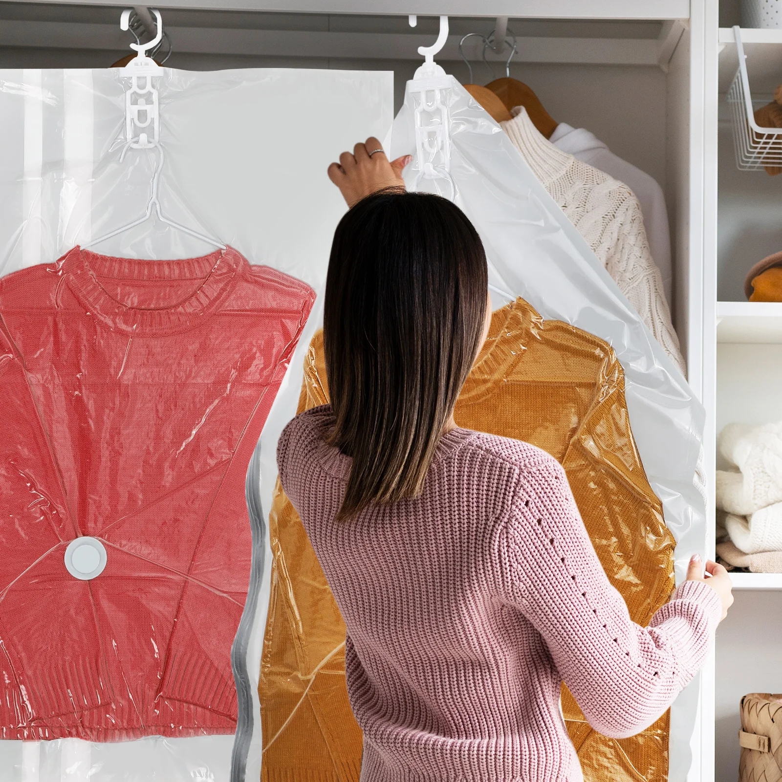 

4Pcs Hanging Vacuum Storage Compression Bags for Clothes Coat Storage Closet Organizer Transparent Large Capacity