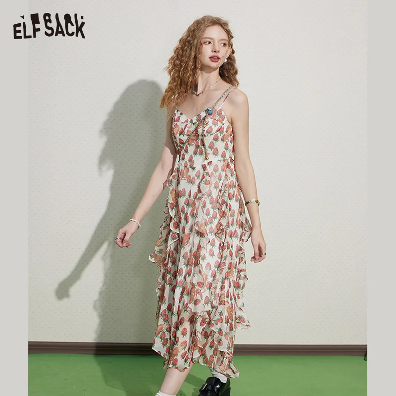 ELFSACK  French Floral Dresses  Woman 2023 Summer/Autumn  Waist Sleeveless Daily Dress