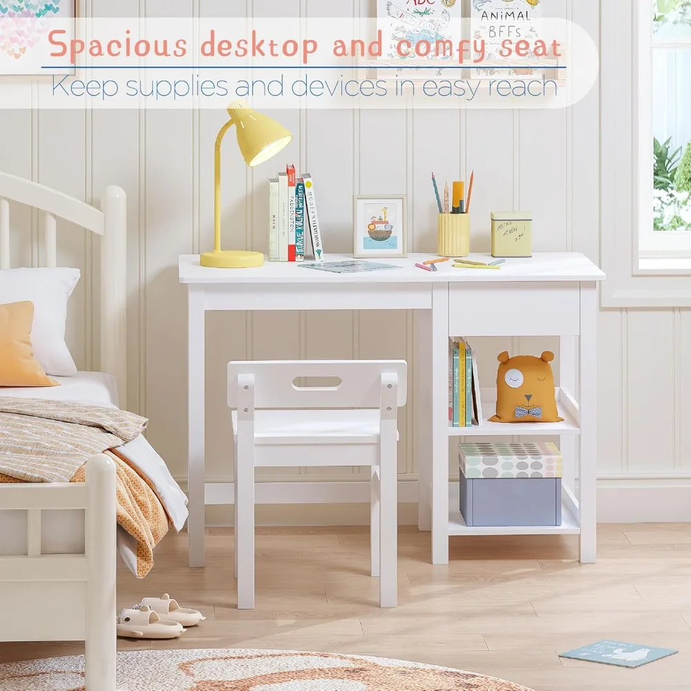 Kids Study Desk and Chair Set with Drawer, Wooden Table for Ages 3-8, Student Writing Workstation