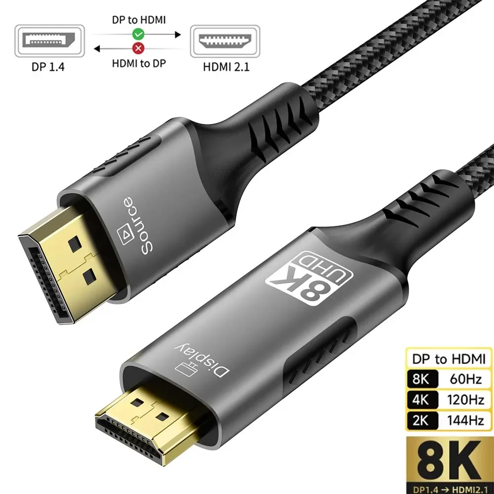 Kabel DisplayPort do HDMI 8K, kompatybilny z 8K@60Hz i 4K@120Hz, adapter DP do HDMI, transmisja wideo i audio z Display Port na PC, HDTV, projektor, PS5