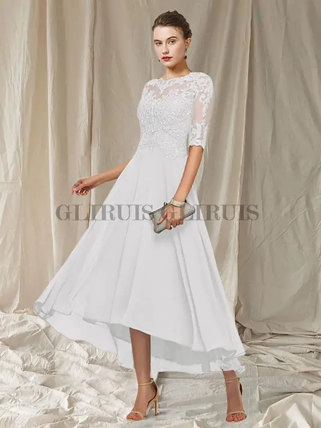 A-Line Mother of the Bride Dress Jewel Neck Asymmetrical Ankle Length Chiffon Lace Half Sleeve with Pleats Appliques