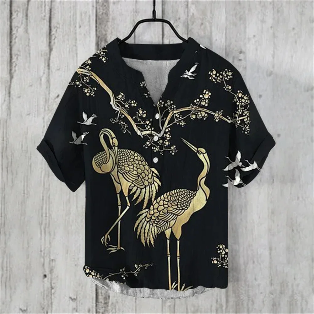 Fashion three-button men's short-sleeved 3D printed paper crane graphic pullover loose V-neck retro top high-quality fabric