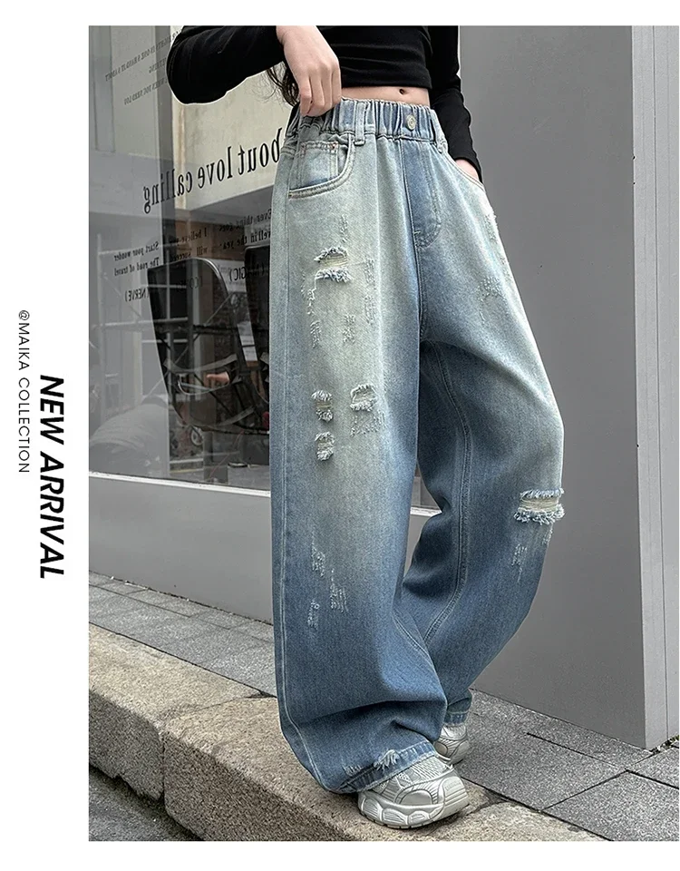 ZOETOPKID Mädchen Zerrissene Distressed Jeans Weite Hose mit Elastischem Bund Farbverlauf Denim-Hose für Kinder – Detail 4