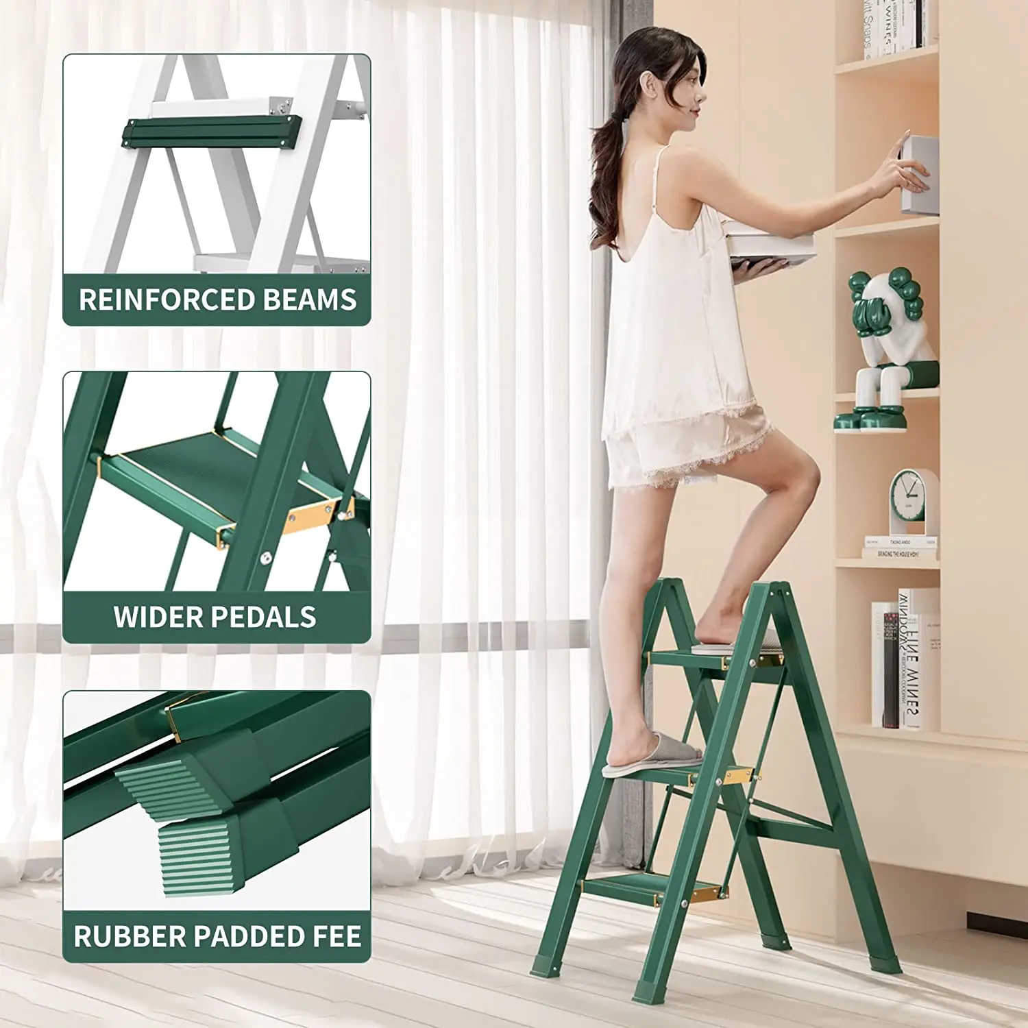 3 step Folding Step Stool Lightweight Aluminum Foldable Ladder with Anti-Slip Wide Sturdy Pedal Multi-Use for Homeladder rack