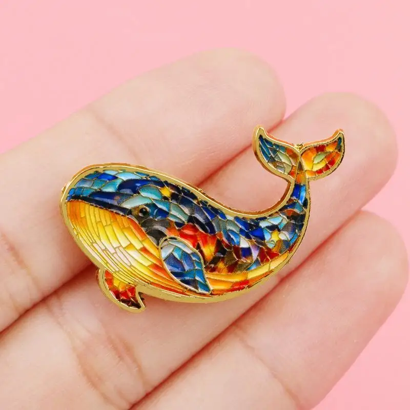 Emaille-Wal-Broschen mit Buntem Mosaikmuster und Goldener Kantenverzierung für Rucksäcke, Jacken, Geschenke für Meeresliebhaber – Detail 9