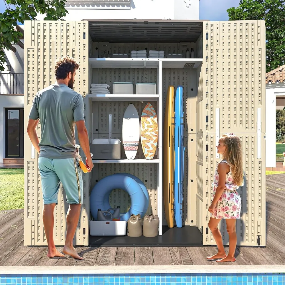 

60 Cu.Ft Vertical Outdoor Storage Shed, All-Weather Resin Storage Cabinet Waterproof with Lockable Floor, Tall Backyard Shed for