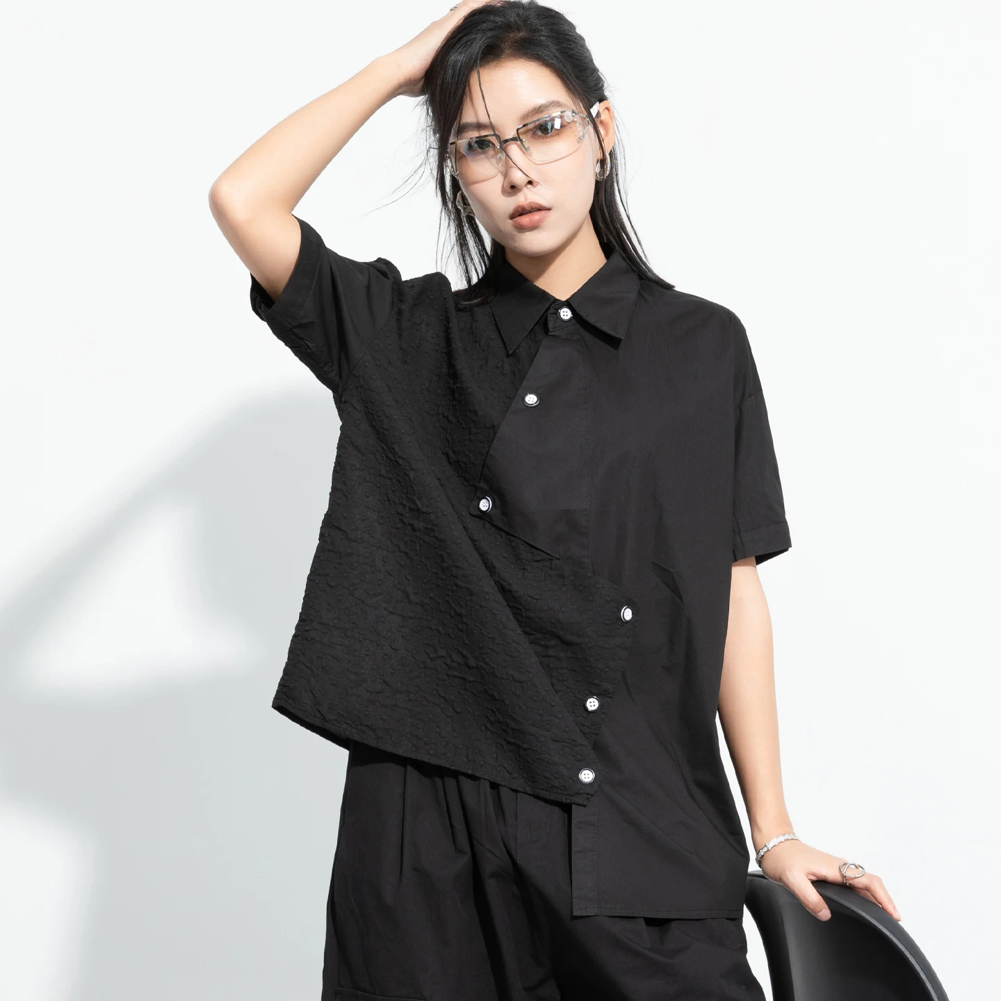 

Dark Style Asymmetric Short Sleeve Women's Shirt Summer Loose Personality Top Thin Cotton Polyester Blend Breathable Casual S...