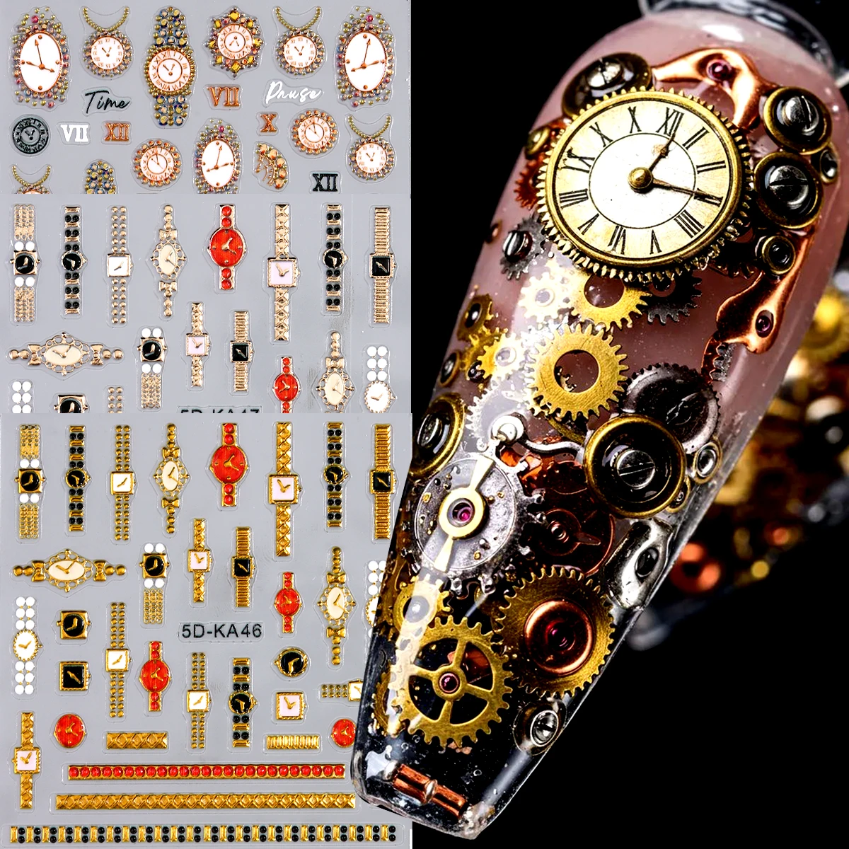 Embossed Retro Watch Design Nail Art Stickers 5D Golden Rose Watches Clock Nail Decals Relief Self Adhesive Manicure Decoration