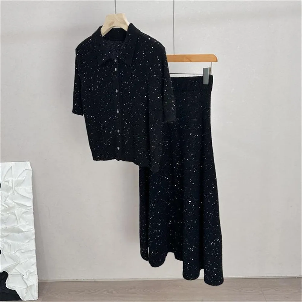 Woman Clothing 2-Piece Set Sequined Lapel Cardigan Sweater +Elastic High Waist Skirt Suit