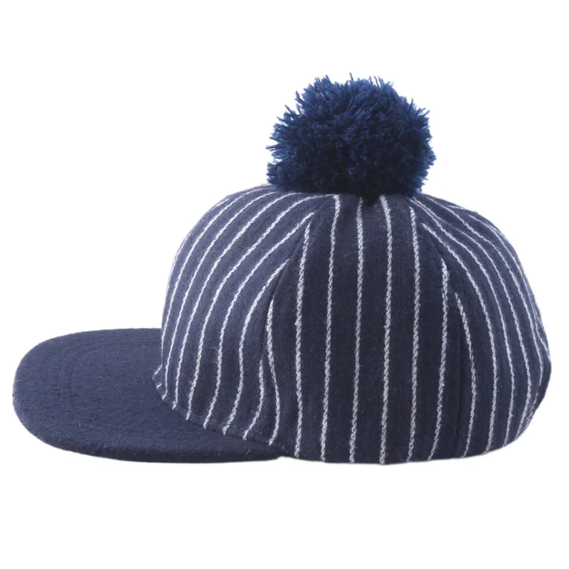 Autumn Winter Woolen Flat Bill Baseball Cap Navy Blue Striped Pom Pom Hats for Kids 2-5years Boys Girls