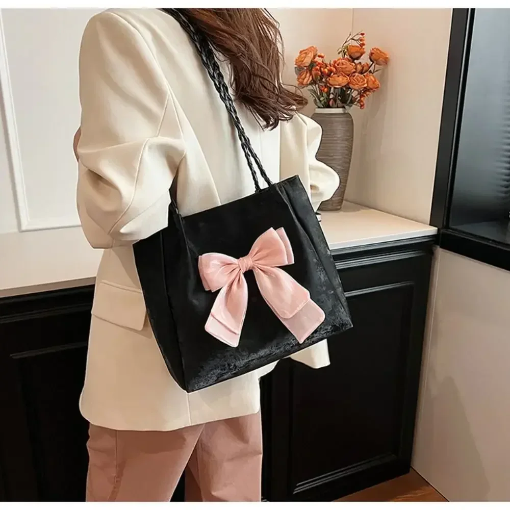 

Fashionable Design Bow Contrasting Color Woven PU Single Shoulder Trendy Versatile Casual Hand-held Tote Women's Bag
