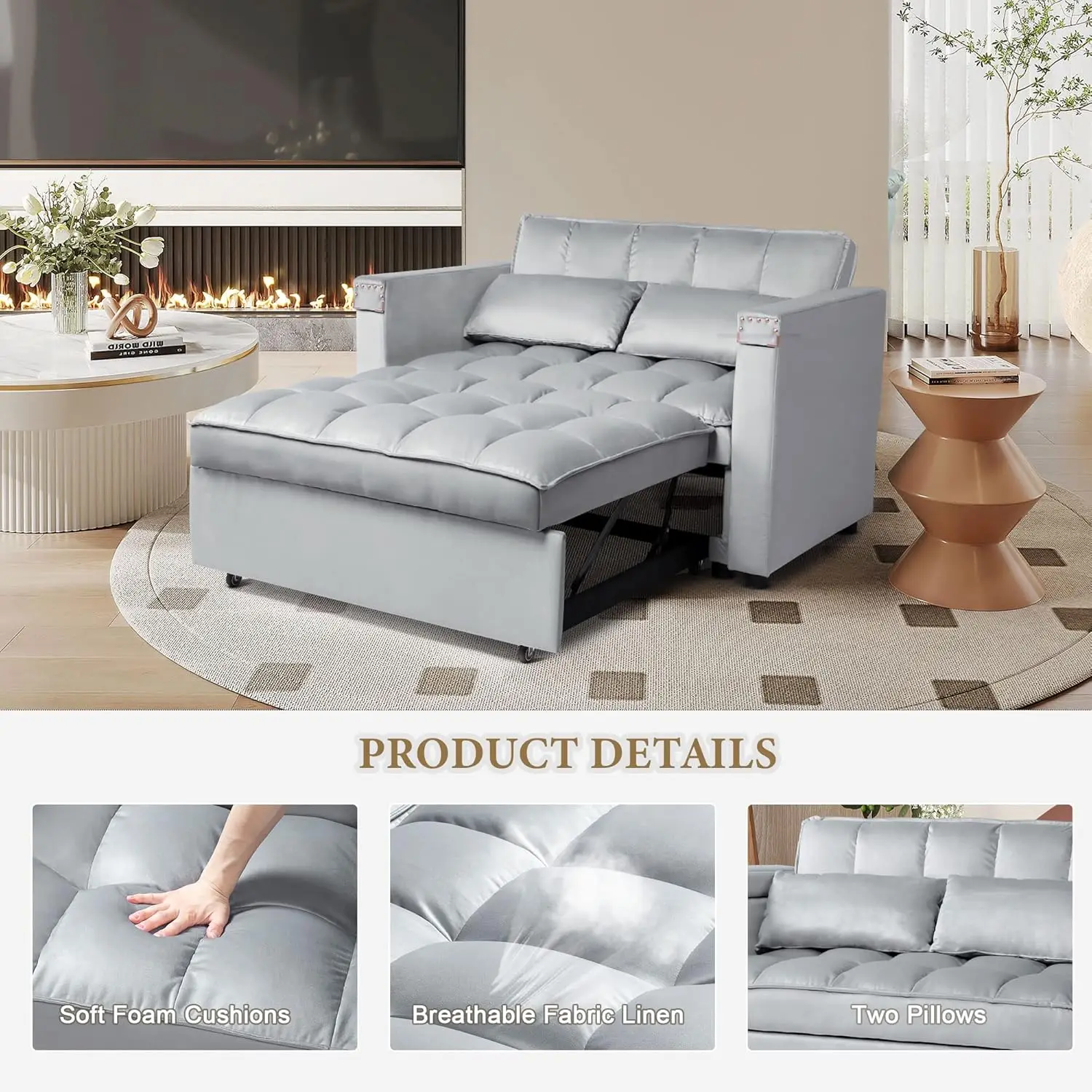 เตียงโซฟาแบบเปิดประทุน 3-in-1 Multi-Functional Velvet Sleeper โซฟาดึงเตียง Loveseat Chaise Lounge พร้อมพนักพิงปรับได้