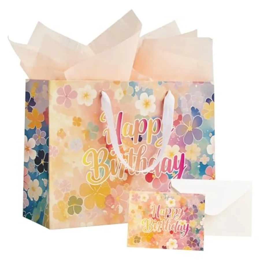 

13" Large Happy Birthday Gift Bag with Handle, Tissue Paper and Card for Girls,,Women, Men, Boys, Birthday