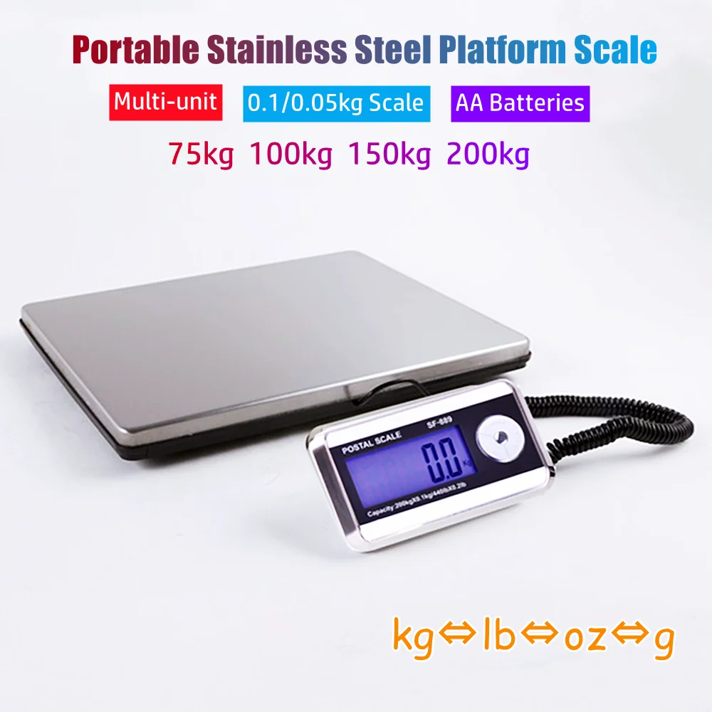 

Portable Stainless Steel Platform Scale Oz/Lb/Kg/Tl/Ct/g Express Package Mail Luggage Electronic Scale 75kg 100kg 150kg 200kg