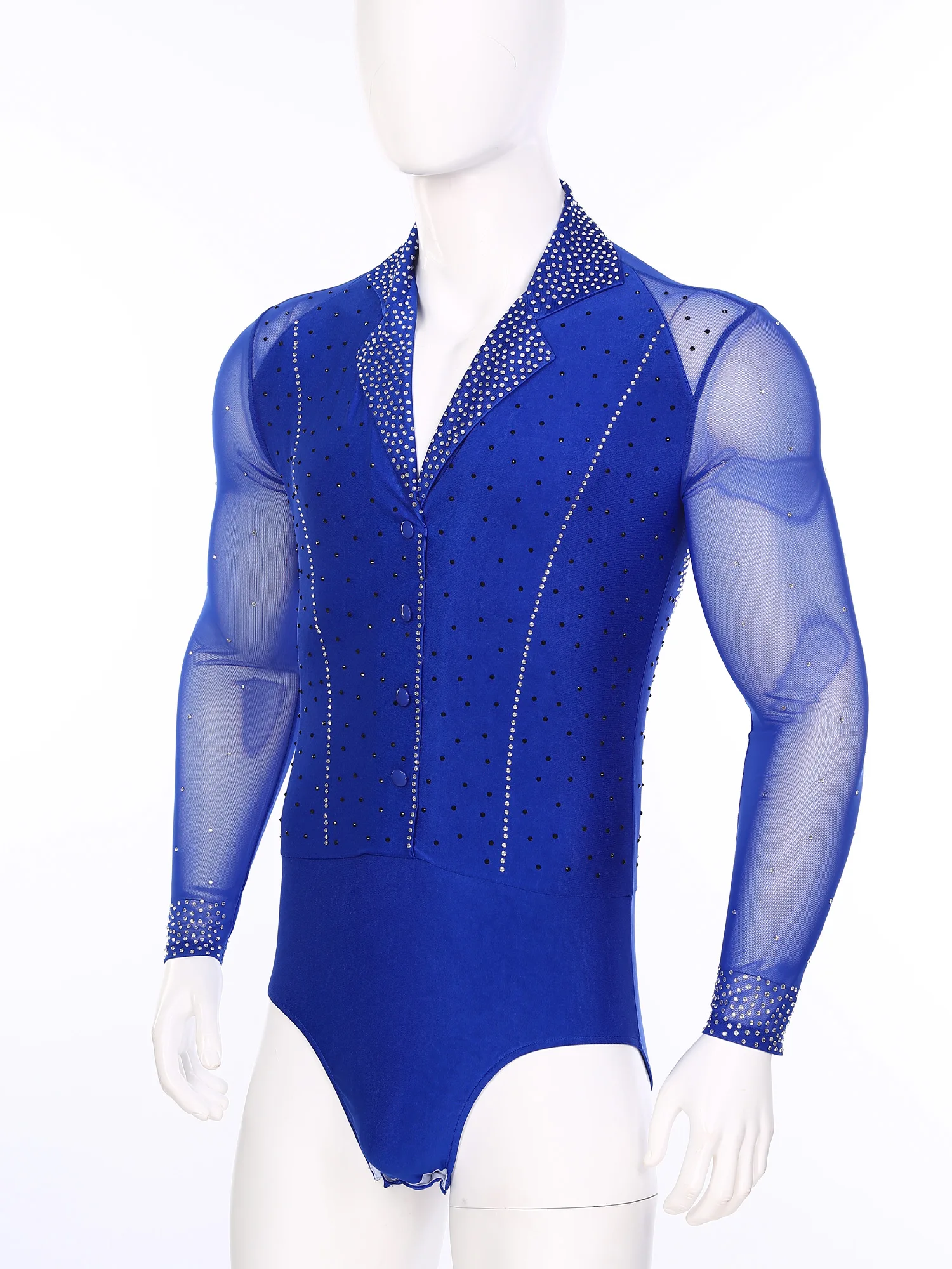 ผู้ชายตาข่าย Splice เต้นรําเสื้อ Unitard ห้องบอลรูมโมเดิร์น Latin Salsa Tango Rumba Chacha Dancewear แขนยาว Leotard บอดี้สูท