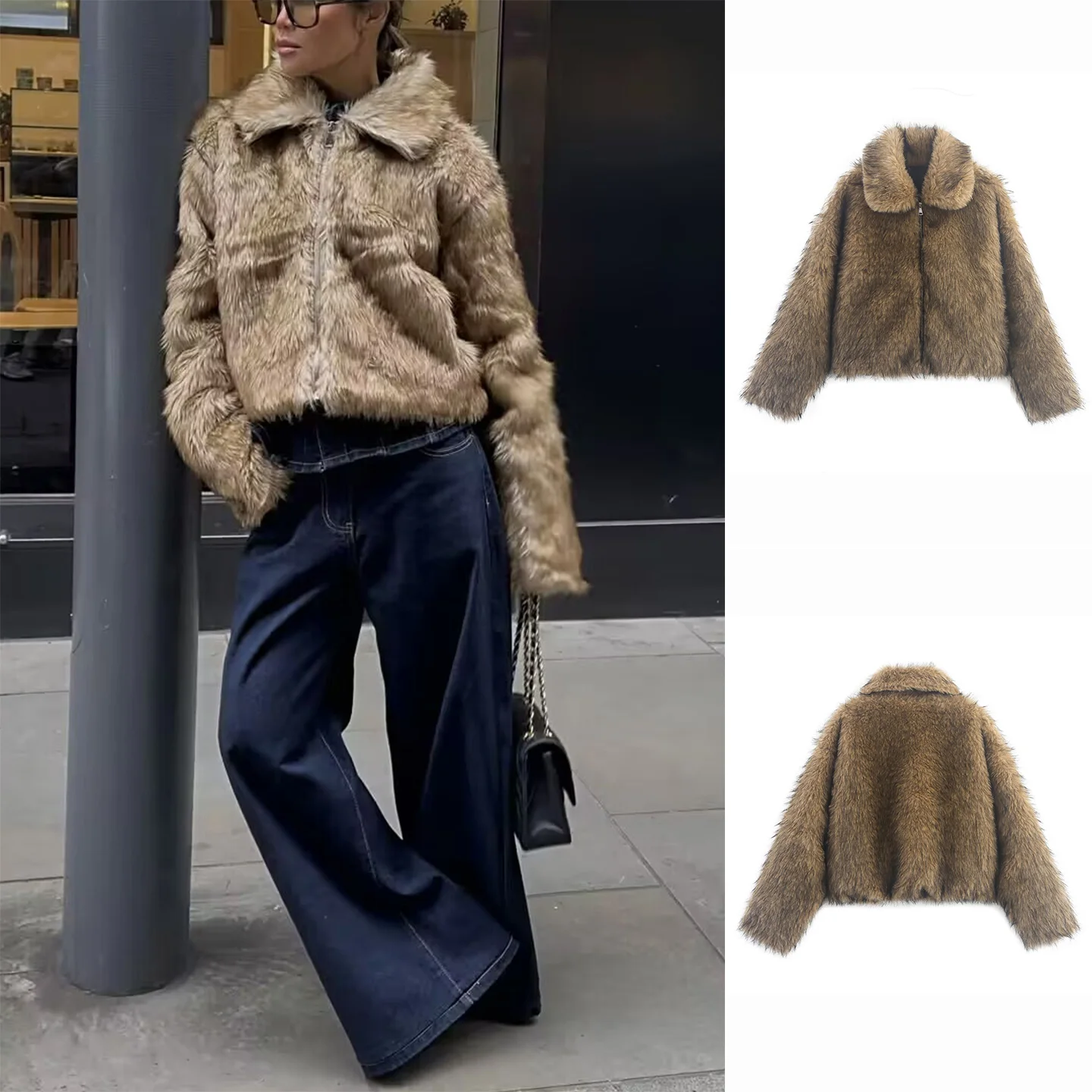 

Fall New Women's Design Zipper Collar Long Sve Loose Fur Leather Inteated Jaet Coat French Sle Ladies Outerwear