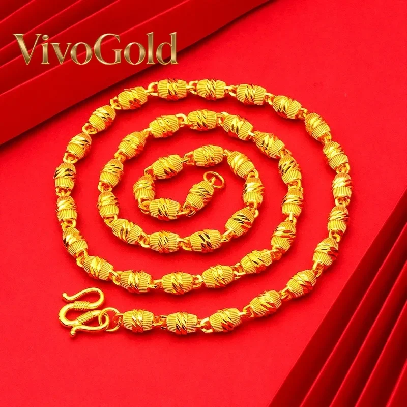 VivoGold9999 24K real gold round beads hexagonal square high-end necklace frosted collarbone chain men's and women's gold jewelr