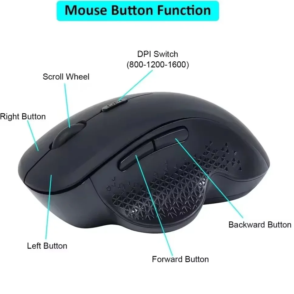 Mouse ergonomico ricaricabile 1600 DPI Mouse wireless Bluetooth 5.2 2.4G Mouse 6 pulsanti Mouse per MacBook Tablet Laptop Computer