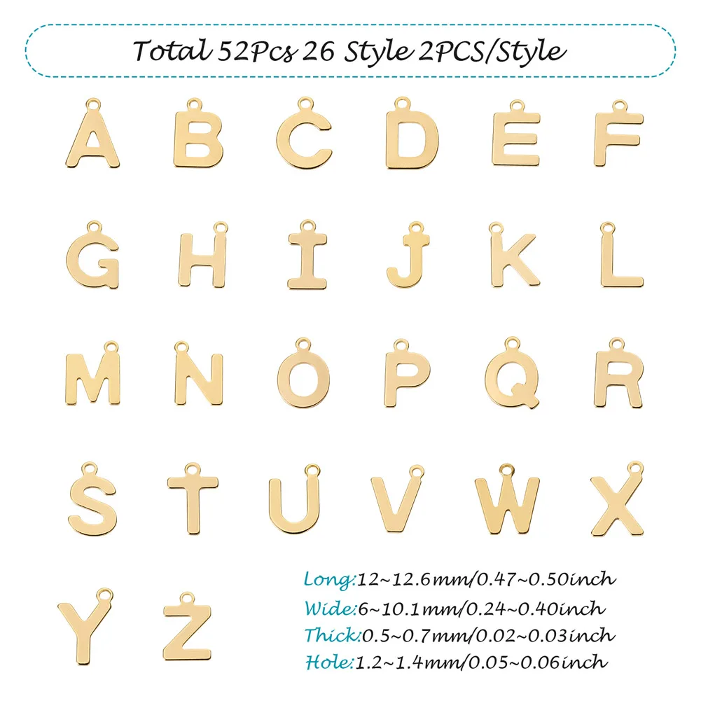 Encantos do alfabeto 18K banhado a ouro pingente de aço inoxidável, 26 Letras, Pulseira, Colar, Jóias DIY Fazendo Acessórios, 52Pcs