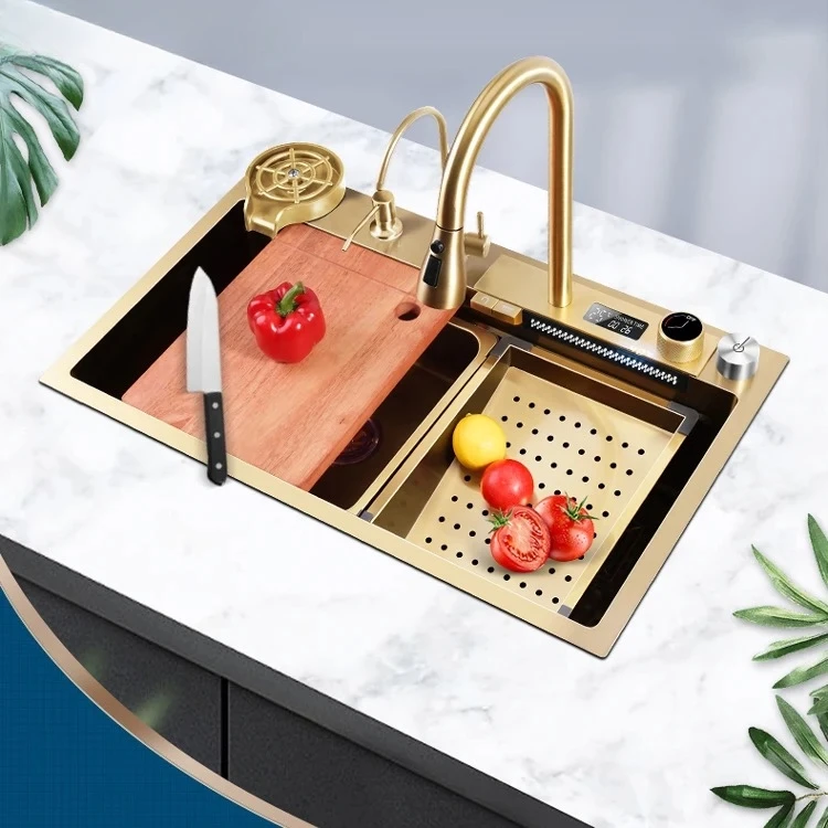 Exclusive Design 304 Stainless Steel Gold White Gunmetal Farmhouse Kitchen Sink With Waterfall Digital Display Faucet