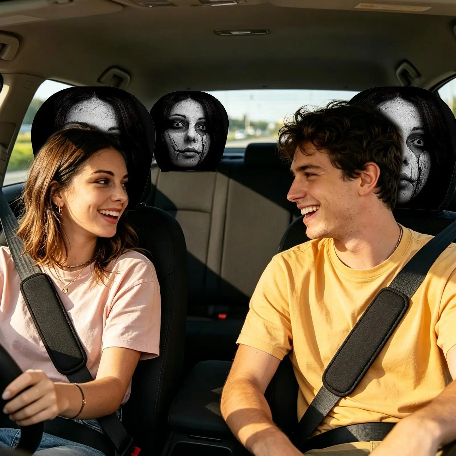 Car Headrest Cover 2 Piece Scary Face Pattern Automotive Seat Protector Cute Scary Face Pattern Cartoon Car Headrest Covers for view 2
