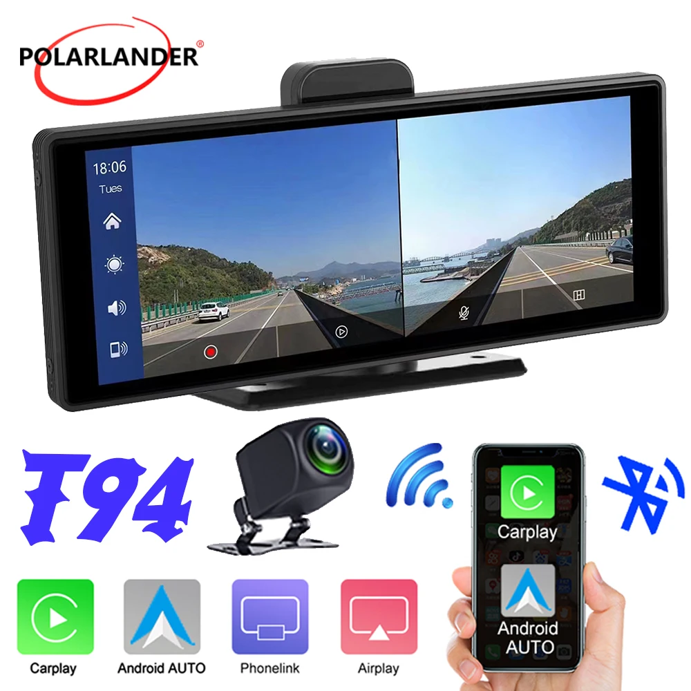 

Car Monitor Wireless Carplay Android Auto WiFi 1080P 4k HD Bluetooth 5.0 Smart Widescreen ADAS 10" Built-in DVR T94 AHD camera