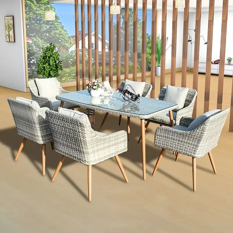 New Design Modern Furniture Europe Popular Outdoor Table and Chairs Rattan Living Room  Garden Dining Set  Without glass