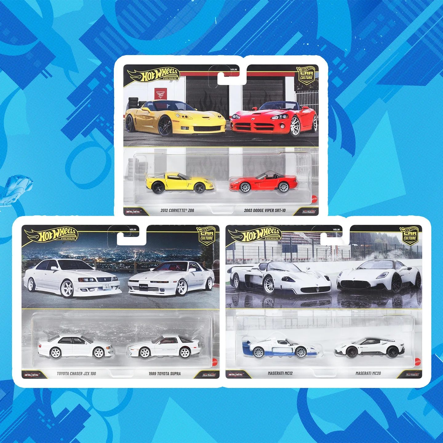 In Stock Hot Wheels Premium 2-Pack 1:64 Scale Diecast Cars Corvette Dodge Maserati Toyota Chaser Supra Model Collection Gift view 3