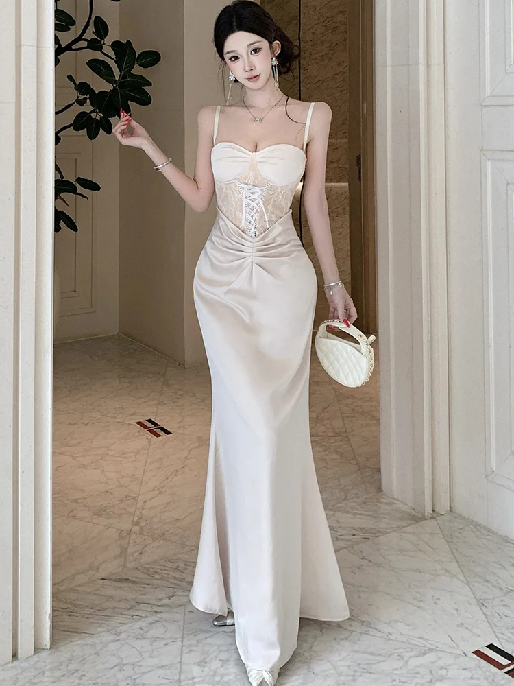 Spring Autumn Fashion Satin Patchwork Lace Sling Long Dress 2025 Korean Bodycon Hip Wrap Dress Women Elegant Luxury Night Dress