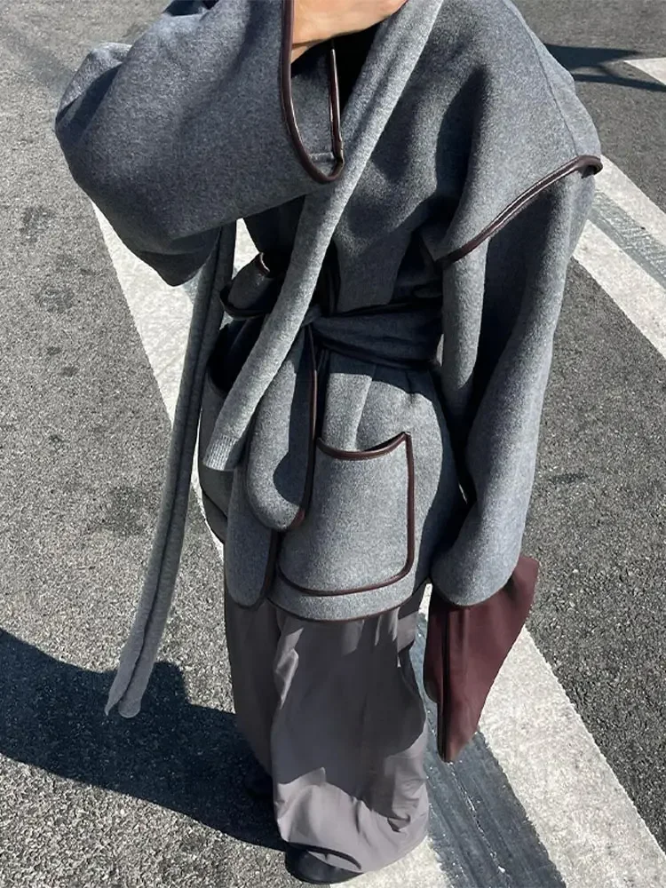 Blouson en Laine Gris pour Femme, Col en V Élégant avec Poches à Ceinture, Streetwear à la Mode, Nouvelle Collection Automne