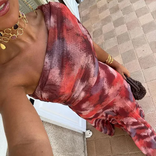 Vestido largo sexi drapeado con cuello oblicuo para mujer, Vestido de fiesta plisado con estampado elegante, vestidos largos calados con espalda descubierta para verano