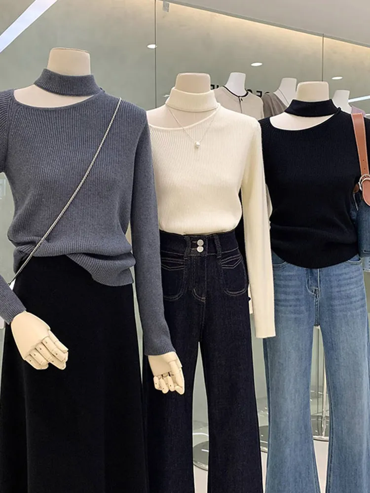 Suéter de Manga Longa Tricotado em Cor Sólida Confortável, Csa Base E e Simples, Estilo Preguiçoso, Top F da...