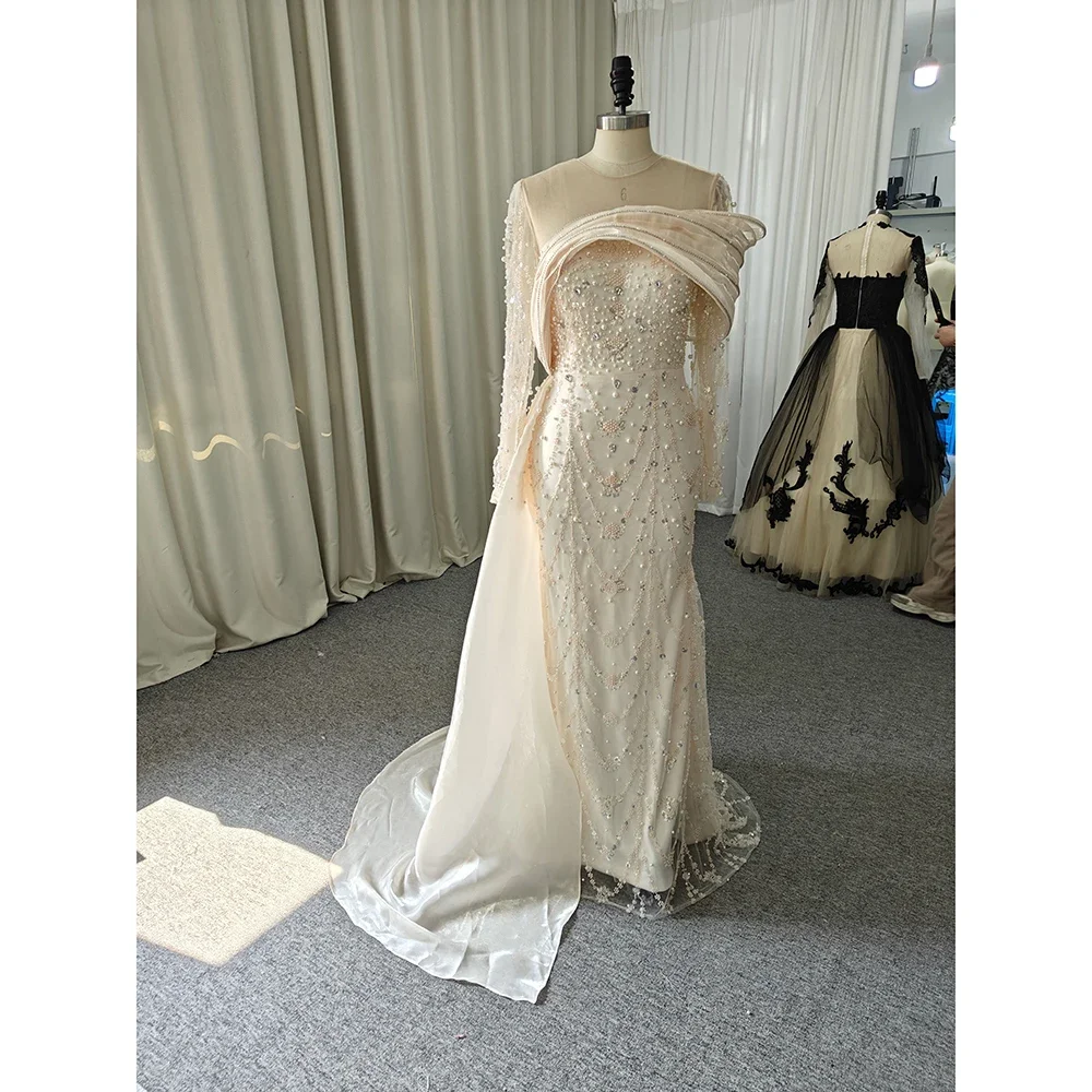 Customized Luxury Nude Crystal Mermaid Evening Dress with Overskirt Long Sleeves Dubai Arabic Wedding Formal Prom Gowns