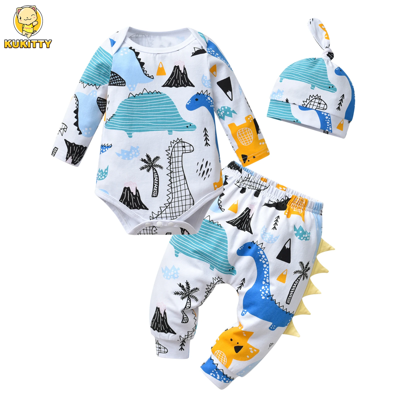 Trend Newborn Infant Baby Boy 3PCS Clothes Sets Cotton Long Sleeve Romper Top Pant Hat Cute Dinosaur Printed Outfit for Boys