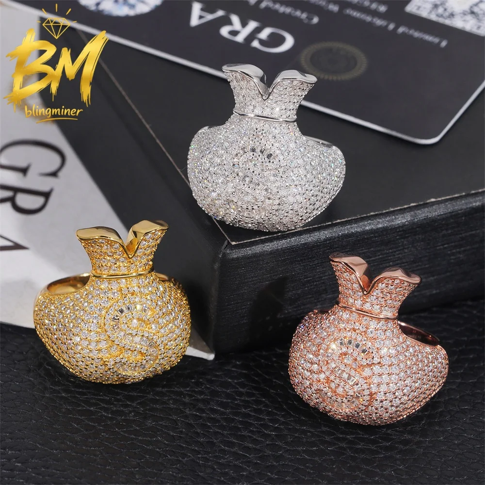 Blingminer Menoy Bag VVS Moissanite Rings For Men Women S925 Silver Finger Jewelry Pass Diamonds Tester GRA Free Shipping