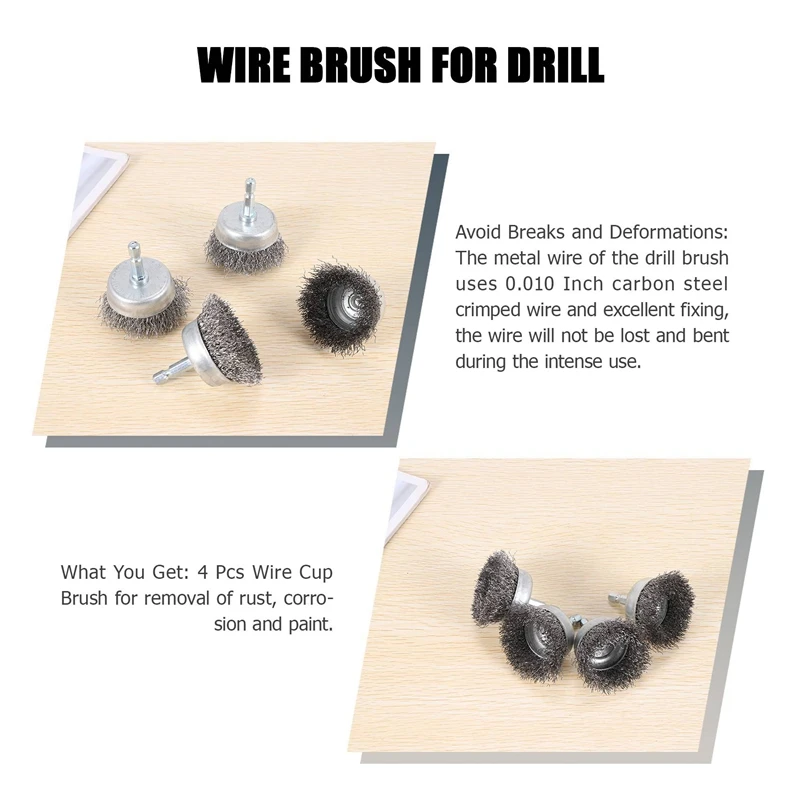 4 Pcs Wire Cup Brush Set, Wire Brush For Drill 1/4 Inch Arbor 0.010 Inch Coarse Carbon Steel-2 Inch Wire Drill Brush