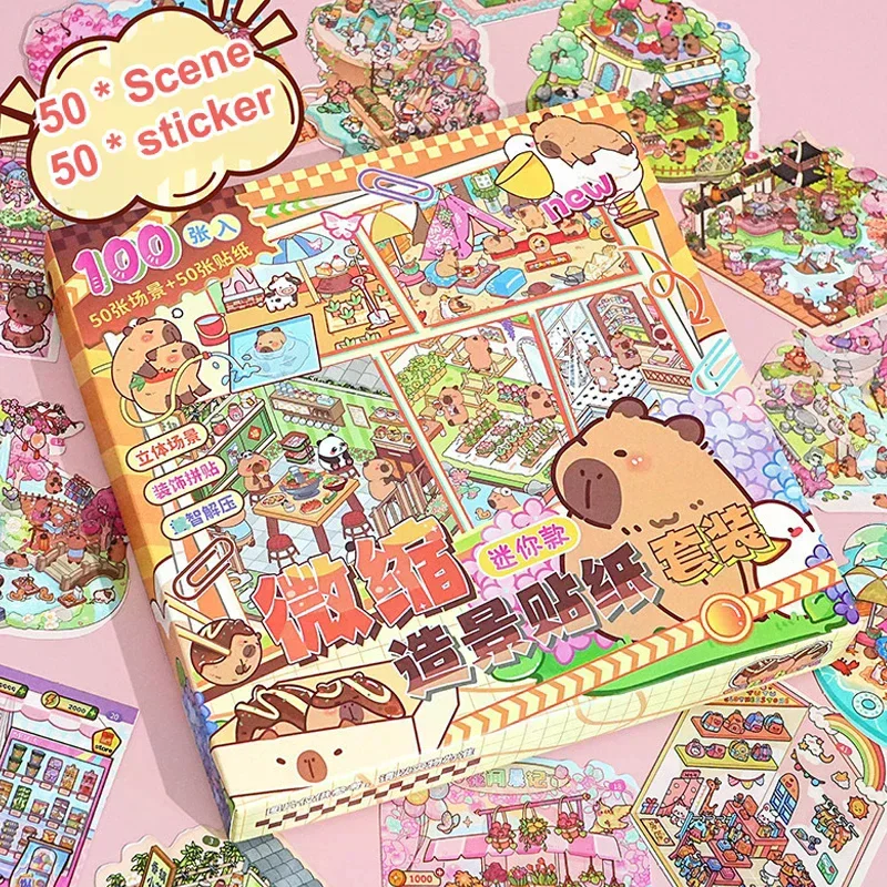 

50Scenes In 1 Box Miniature Scene Landscape Stickers Three-Dimensional House Stickers Toys Girls Birthday Gifts