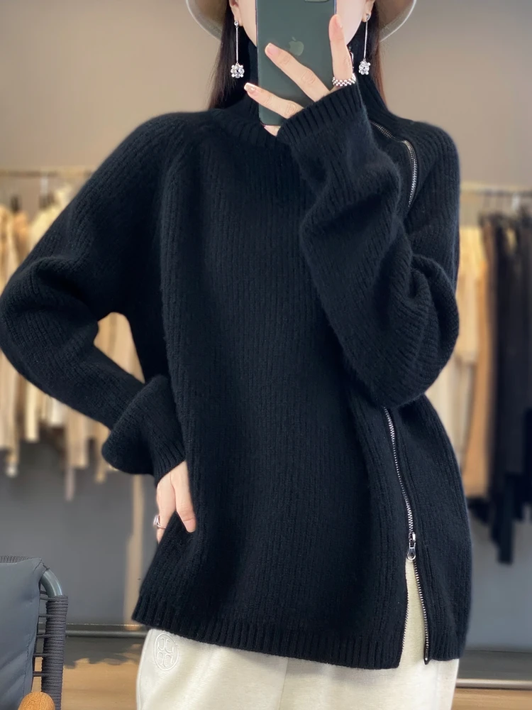 Women Turtleneck Zipper Cardigan Autumn Winter 100% Merino Wool Sweater Casual Thick Warm Cashmere Knitwear Korean Fashion Tops