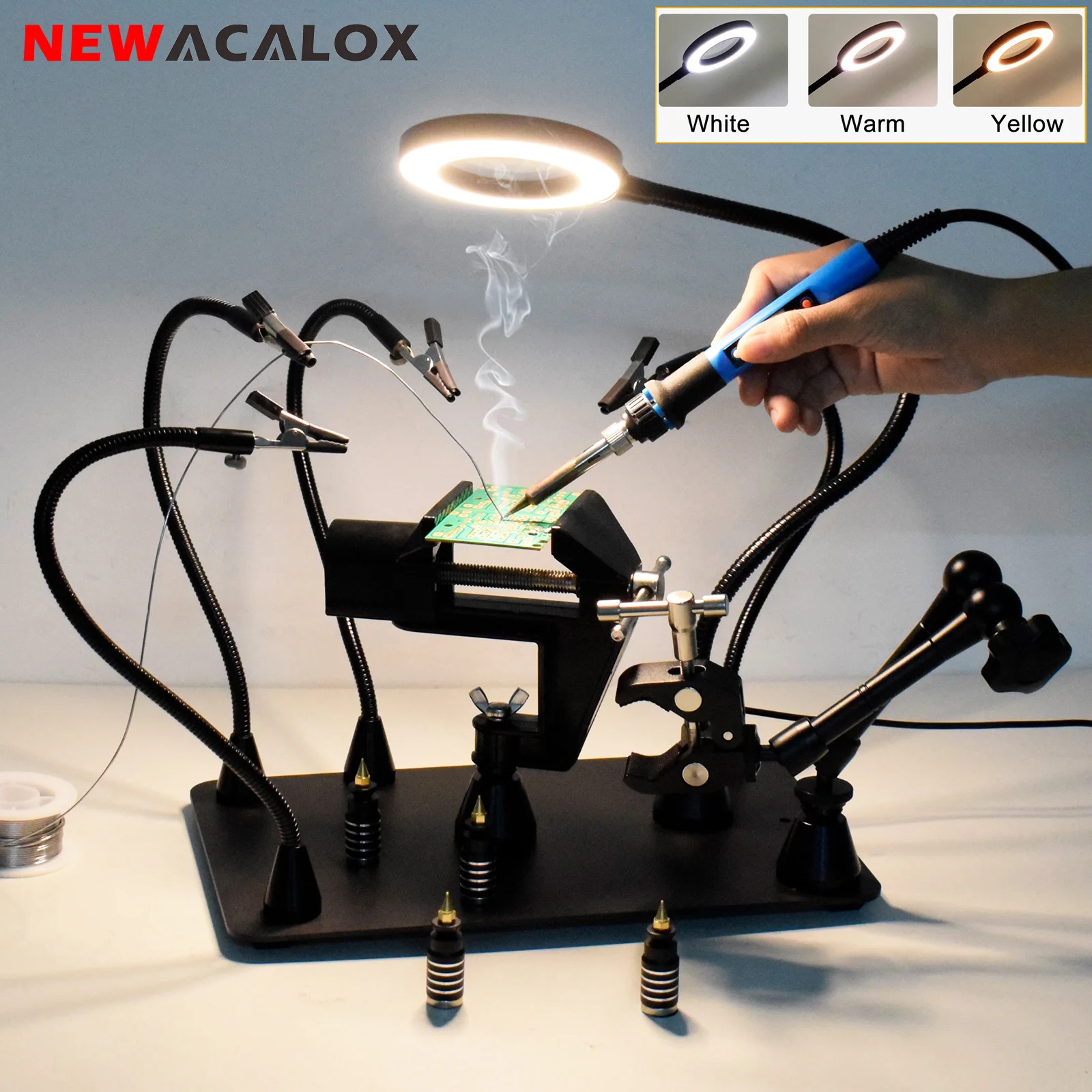 NEWACALOX Magnetic Soldering Third Hand PCB Holder Heat Gun Stand with 3X LED Magnifying Glass Heavy Duty Welding Workstation