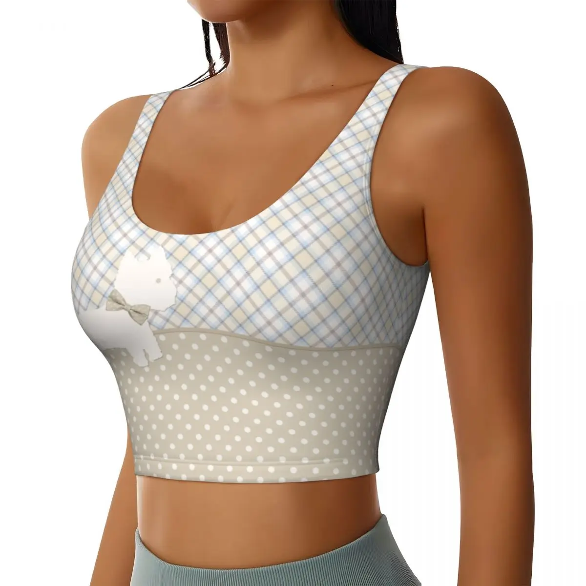 Custom High Impact Cartoon Westie Tartan And Polka Dots Sports Bra for  West Highland White Terrier Dog Gym Yoga Crop Top