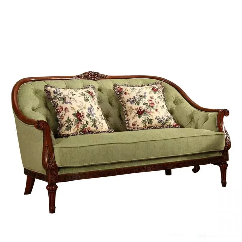 Sofá combinado de tela estilo country americano, sofá mediterráneo de madera maciza, verde lima, informal