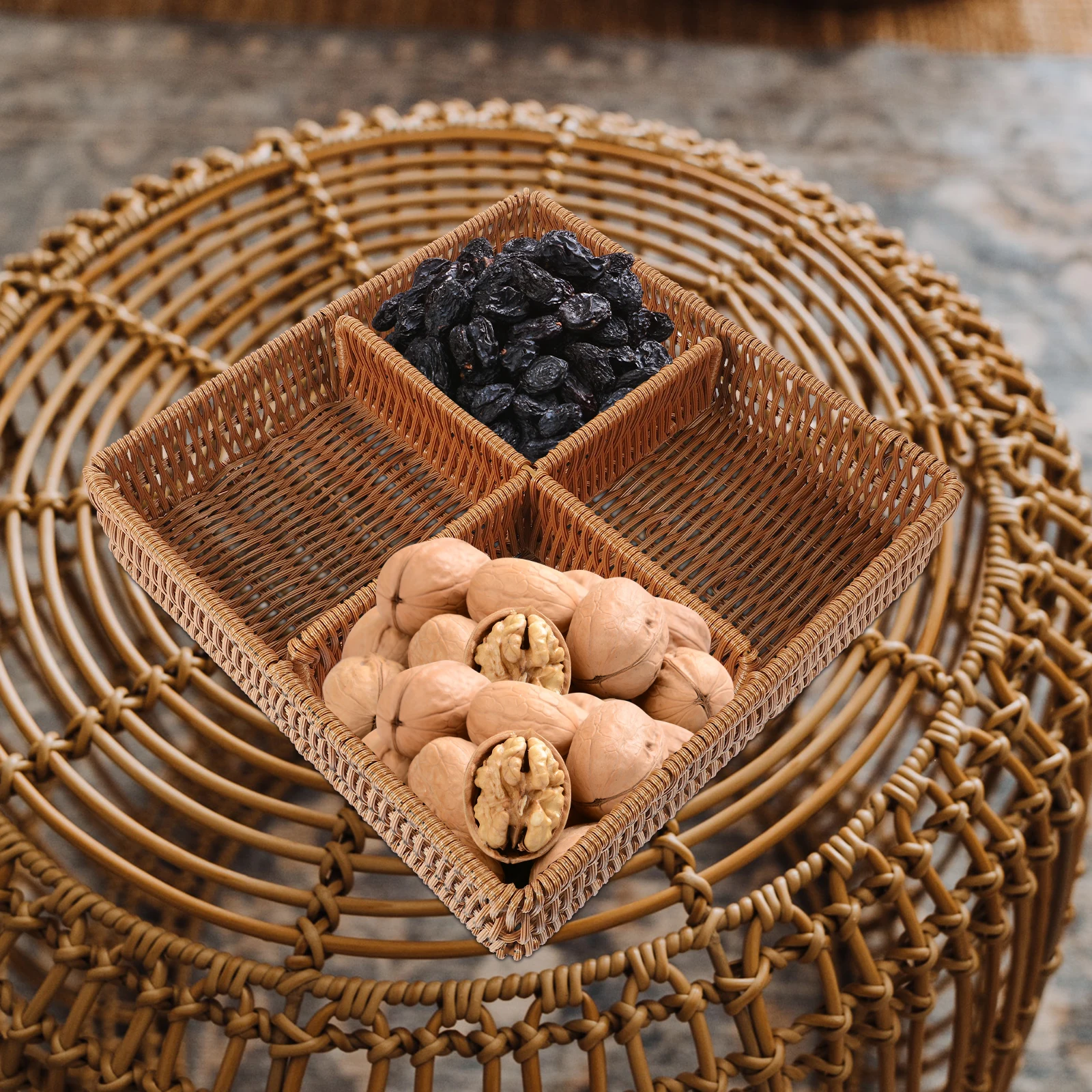 

1pc Storage Basket Woven Design Natural Bread Fruit Serving Organizer Desktop Holder Portable Compartment Basket For Kitchen