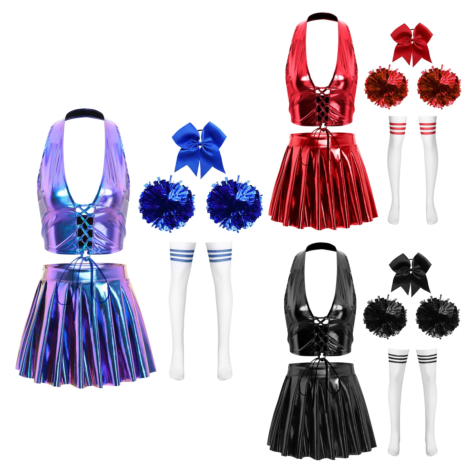 

Women Modern Dance Cheerleading Uniform Outfit Sets Crop Top And Miniskirt Flower Balls Outfits for Halloween Match Performance