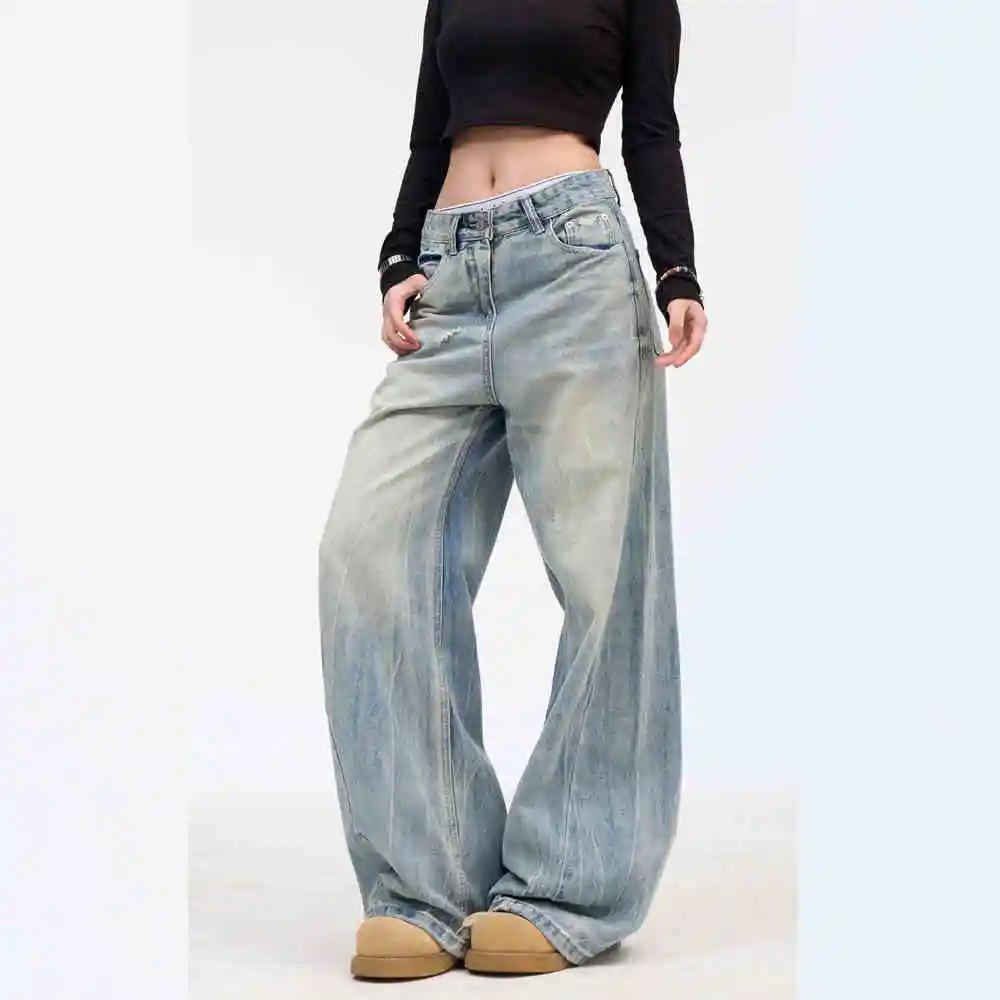 

Blue Womens Jeans High Waist Straight Baggy Denim Pants Streetwear American Fashion Gradient 2024 Female Wide Leg Denim Trouser