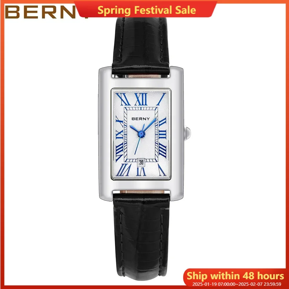 BERNY Tank Watches for Men Calendar Date Quartz Men's Watch Leather Strap Rectangle Dial Classic Dress Male Wristwatch