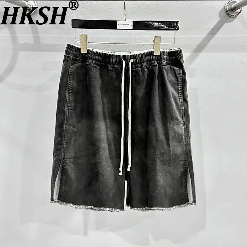 

HKSH Men Coated Drawstring Shorts High Street Washed Frayed Loose Casual Half Length Pants Summer Chic Ins Retro Capris HK10929