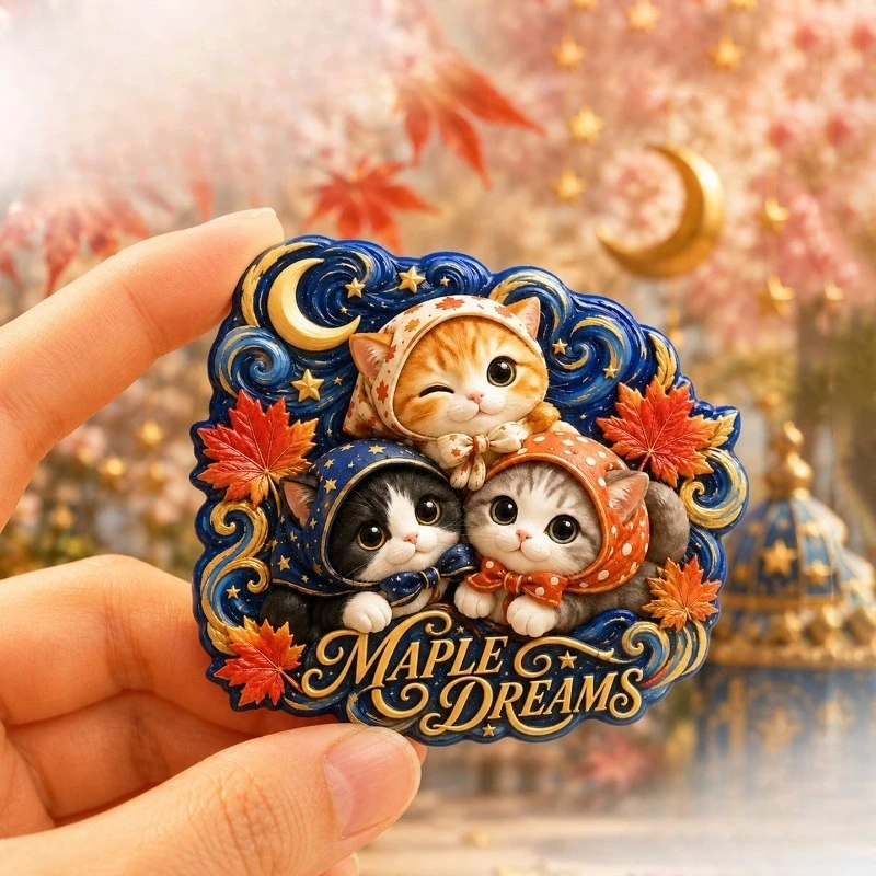Maple Star Three Cats Fridge Magnet - Whimsical 3D Night Sky Souvenir Unique Cute Gift for Travel & Magical Home Decor