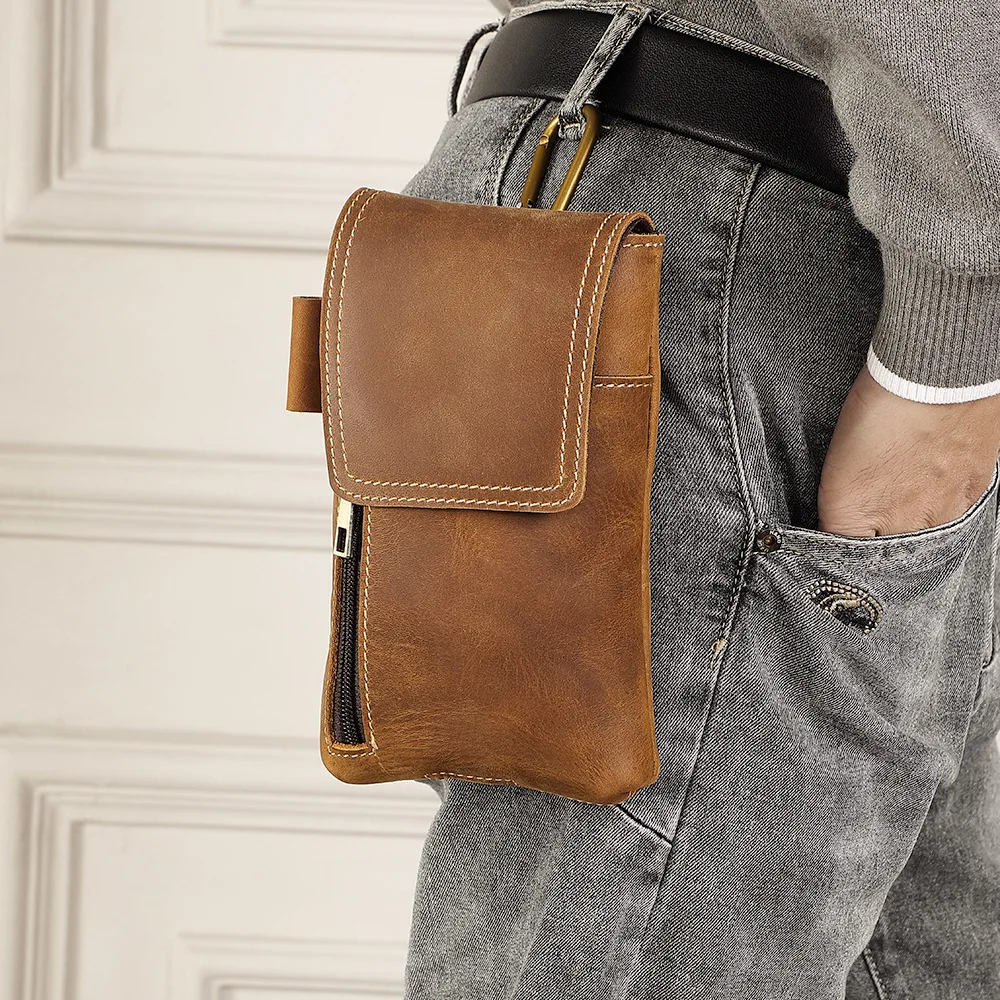Retro cowhide men's waist bag, multi-functional magnetic phone storage, vertical cowhide waist bag